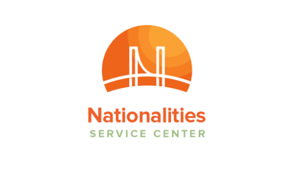 Nationalities Service Center log with orange font below an orange circle with an N inside of it