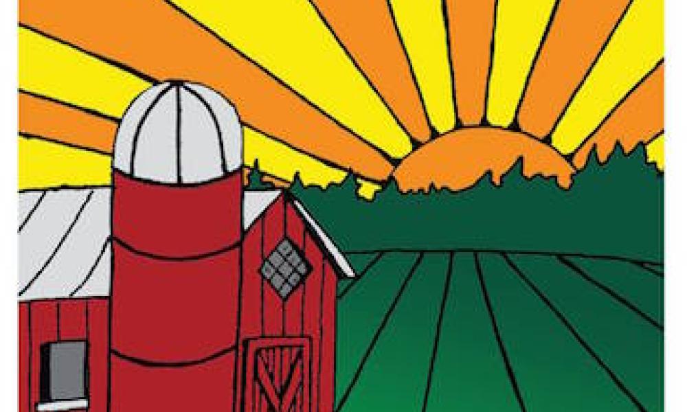 Salvation Farms logo with the salvation farms in black font under a red barn and yellow sunrise