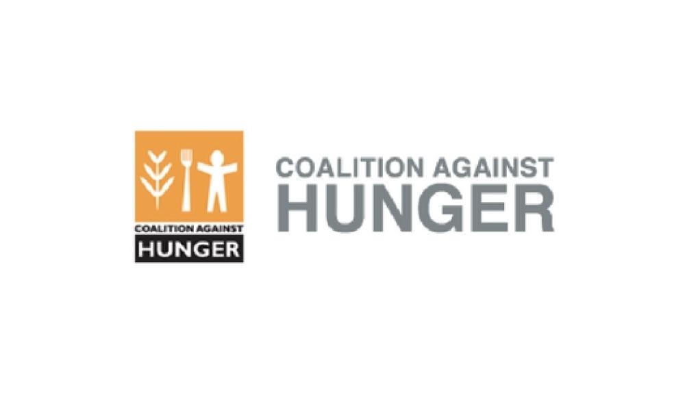 Greater Philadelphia Coalition Against Hunger logo with white wheat stalk, fork, and human figure in front of a tan background