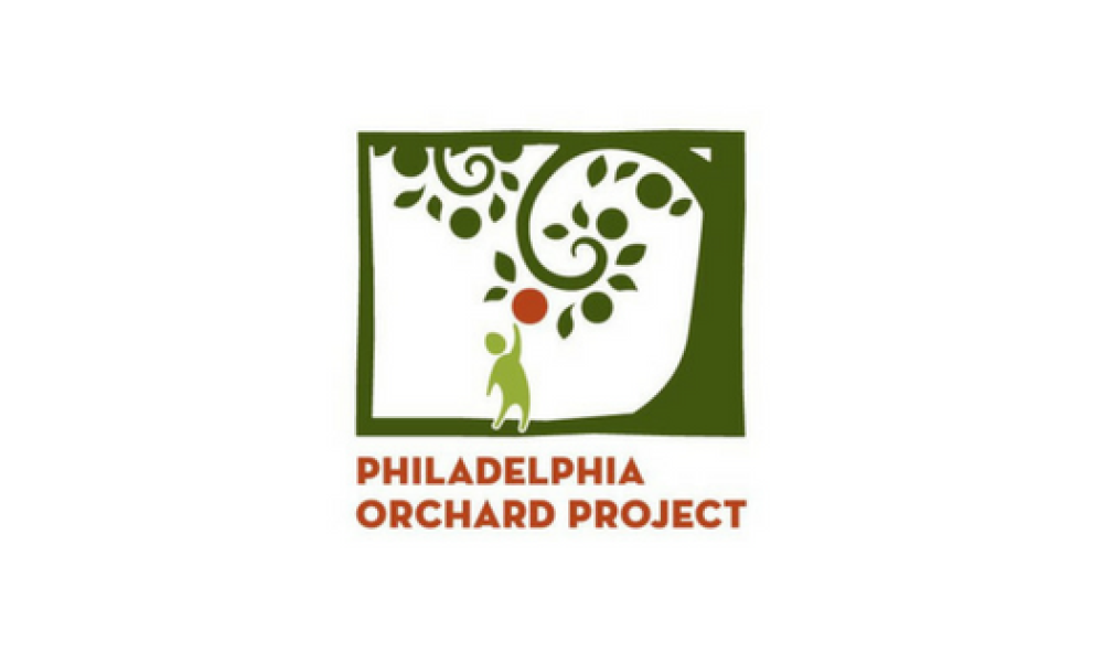 Philadelphia Orchard Project logo with Philadelphia Orchard Project in red font next to a green tree with green and red fruit hanging off the branches