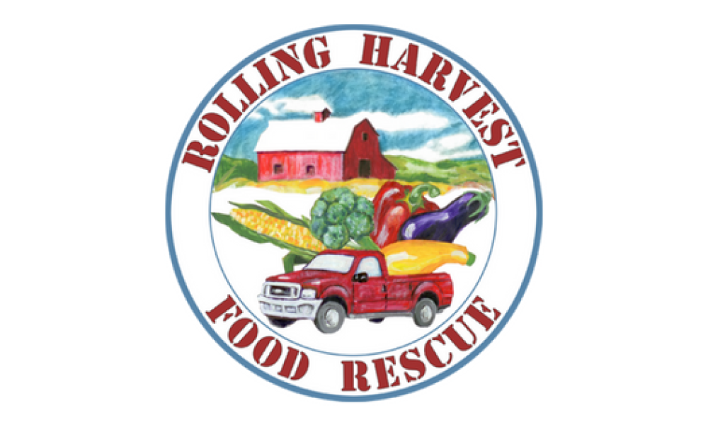 Rolling Harvest Food Rescue logo with rolling harvest food rescue in red circle and a red truck inside