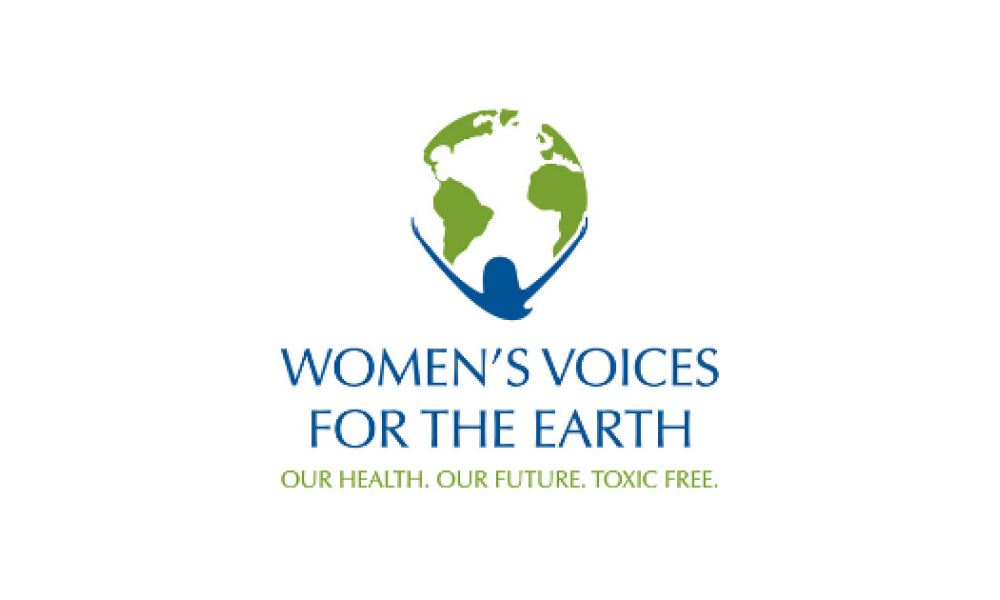 Women's Voices for the Earth in blue font with a globe emblem above