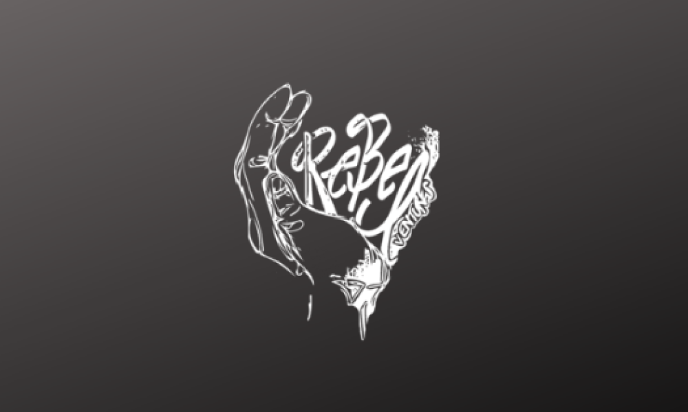 Rebel Ventures logo with a black background behind white outline of a hand with the word rebel inside