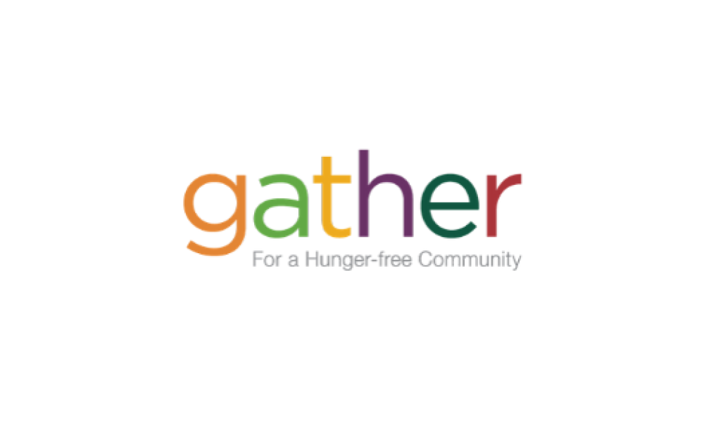 Gather logo with g in orange font, a in green font, t in yellow font, h  in purple font, e in green font, and r in red font