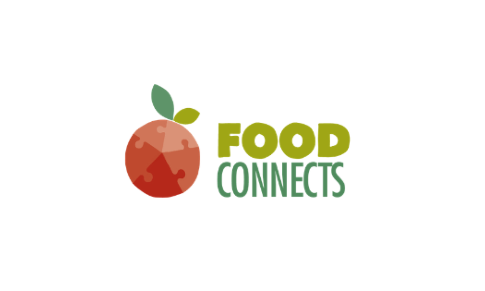 Food Connects logo with  the name of the organization in green font next to a red apple