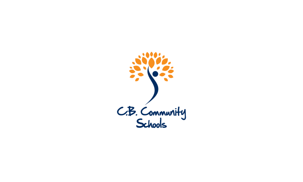 C.B. Community Schools logo which pictures an abstract blue figure and an orange burst design
