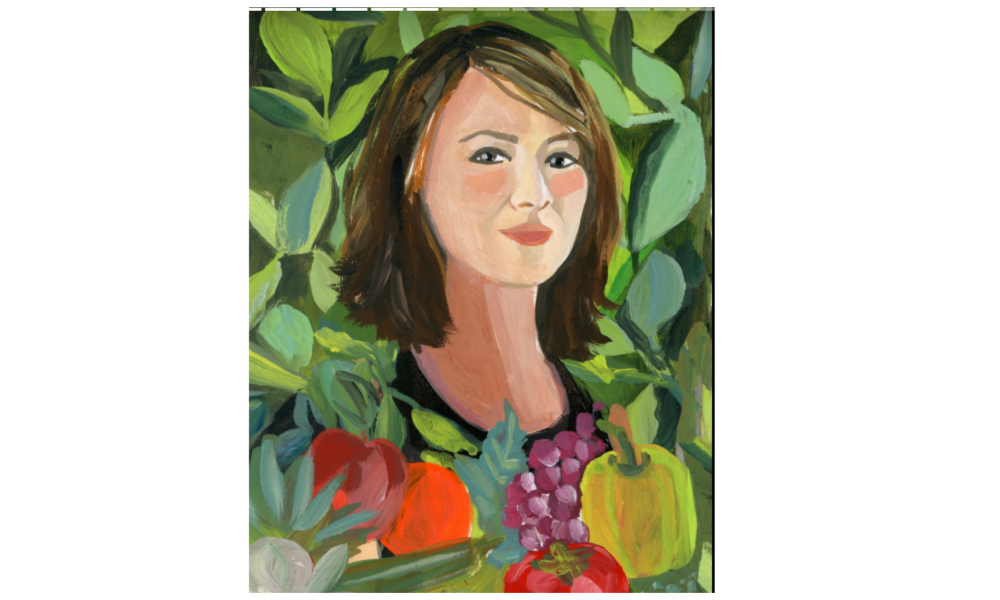 Oil painting portrait of Leah Lizarondo featured with green vines and fruit 