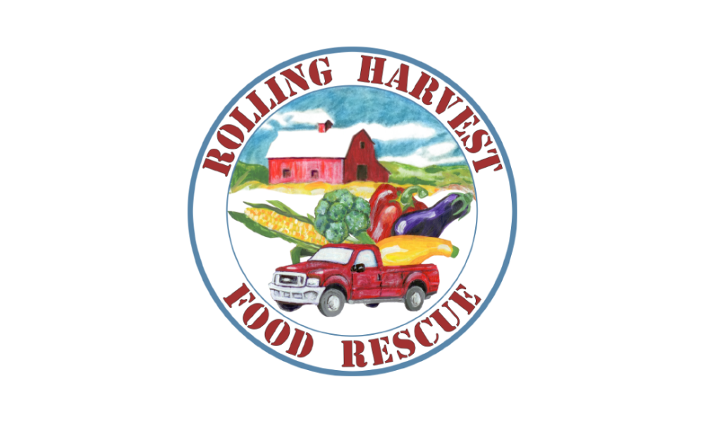 Rolling Harvest Food Rescue logo with rolling harvest food rescue in red circle and a red truck inside