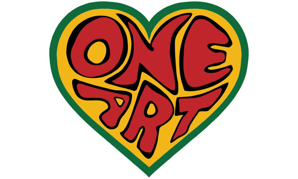 One Art Community Center Logo in Red and Yellow inside of a heart shaped emblem