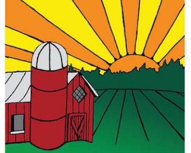 Salvation Farms logo with the salvation farms in black font under a red barn and yellow sunrise