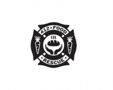 412 Food Rescue logo with the name of the organization in black text in front of a black cross
