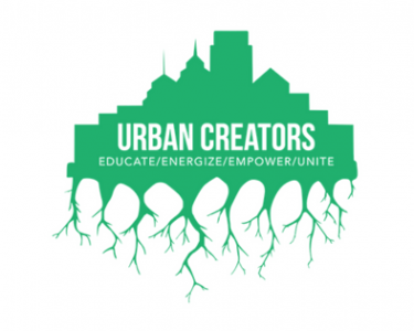 Urban Creators logo with Urban Creators in white font in front of a green city skyline with roots hanging down