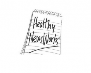 Healthy NewsWorks logo with black text in front of white paper with black horizontal lines