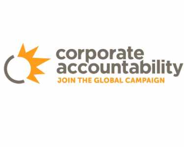 Corporate Accountability logo with gray text next to a gray and orange emblem