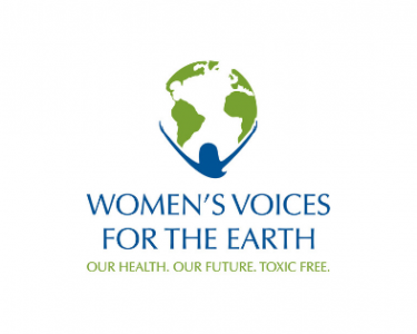 Women's Voices for the Earth in blue font with a globe emblem above