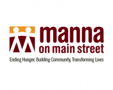 Manna on Main Street Logo in dark brown font to the right of dark brown and yellow emblem