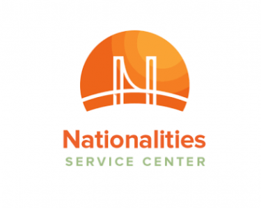 Nationalities Service Center log with orange font below an orange circle with an N inside of it