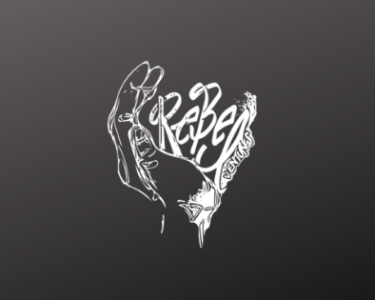 Rebel Ventures logo with a black background behind white outline of a hand with the word rebel inside