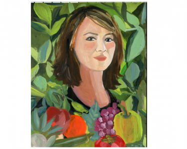 Oil painting portrait of Leah Lizarondo featured with green vines and fruit 
