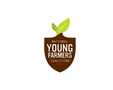 National Young Farmers Coalition logo with white font in front of brown and green shield with a leaf on top