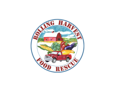 Rolling Harvest Food Rescue logo with rolling harvest food rescue in red circle and a red truck inside