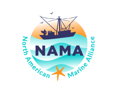 NAMA logo with blue text in front of waves and a ship